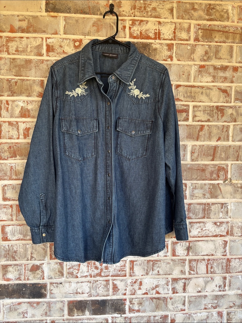 Lane Bryant Medium Wash Denim Embroidered Snap Shirt Jacket